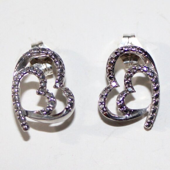 Sterling Silver Double Heart Stud Earrings - Picture 1 of 5